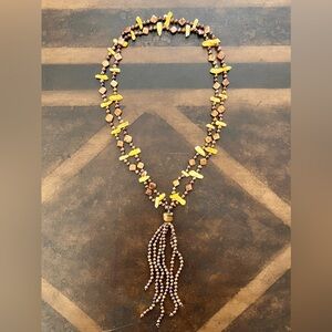 Tiger’s Eye + Yellow/ Brown Pearl Tassel Necklace